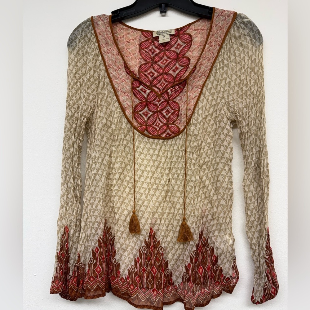 Lucky Brand Boho Cream Tunic with Red Embroidered Yoke and Tassels
